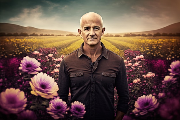 A man stands in a field of flowers with a background of flowers.