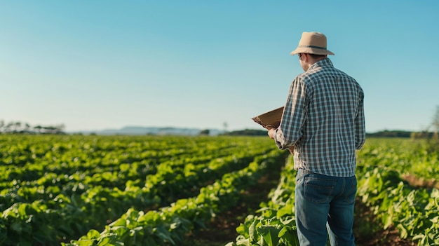 a man stands in a field of green beans