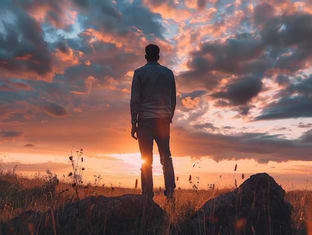 a man stands in a field and looks at the sunset