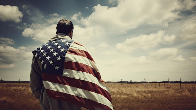 A man stands in a field with an american flag on his back.