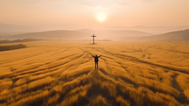 A man stands in a field with a cross on the horizon