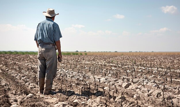 Photo a man stands in a field with a farmer looking at the horizon