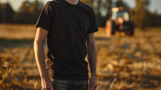 A man stands in a field with his back to the camera wearing a blank black tshirt