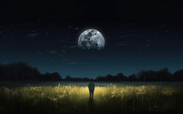 A man stands in a field with the moon in the sky.