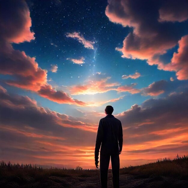 a man stands in a field with the sky in the background