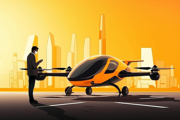 A man stands next to a flying car with a city in the background Air taxi