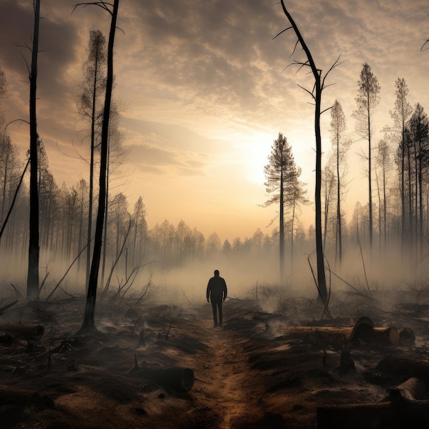 a man stands in a foggy forest with a man in the foreground.