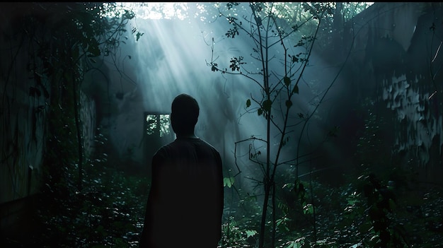 a man stands in a forest with a door in the background