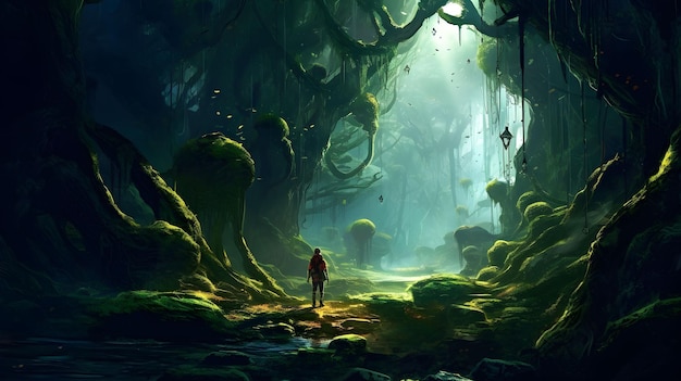 A man stands in a forest with a mossy path and a tree with a light on it.