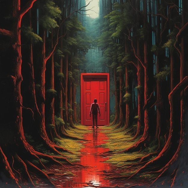 A man stands in a forest with a red door in the middle of it