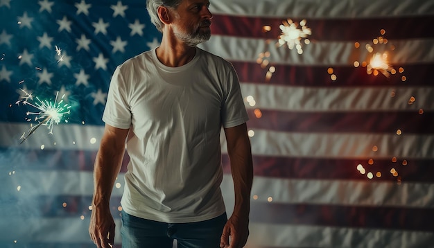 Photo a man stands in front of an american flag with fireworks in the background