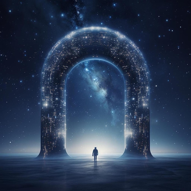 a man stands in front of an arch that says " the universe ".