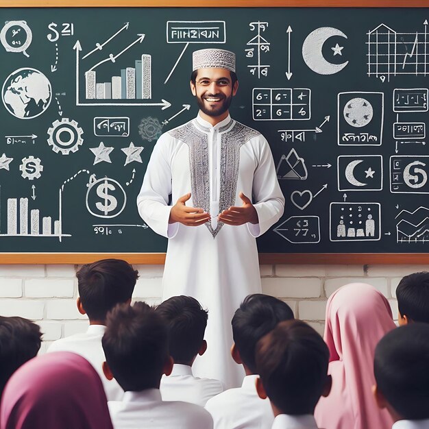 a man stands in front of a blackboard with a group of students in front of him