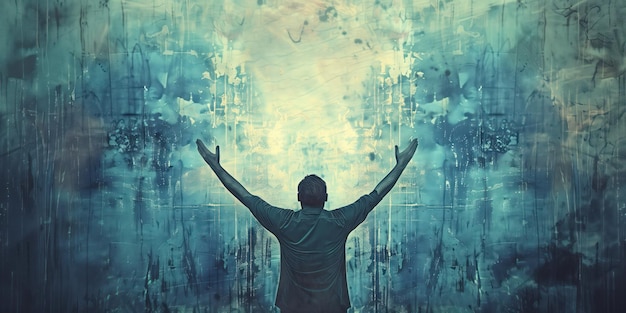 Man stands in front of blue wall with abstract shapes He raises arms to sky in worship Background