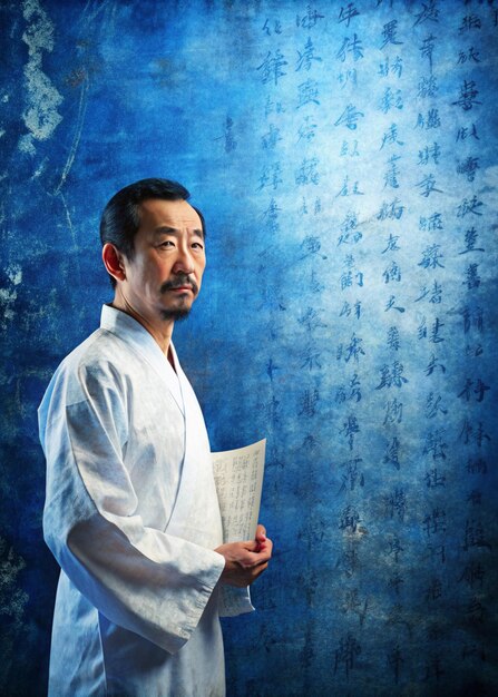 Photo a man stands in front of a blue wall with a blue background with blue birds on it