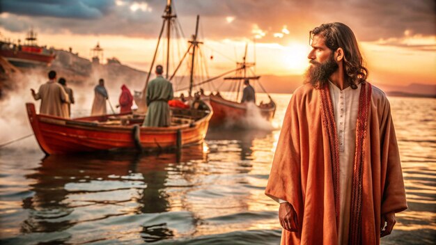 Photo a man stands in front of a boat with a boat in the background