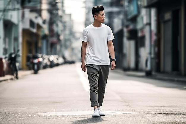 A man stands in front of a brick wall wearing a white t - shirt.