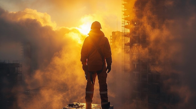 a man stands in front of a building and the sun is behind him