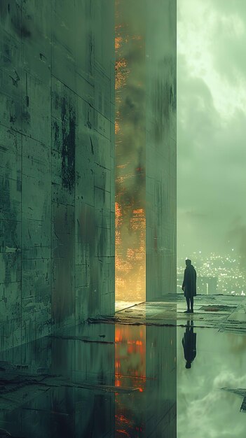 Photo a man stands in front of a building that has a reflection of a man in the water