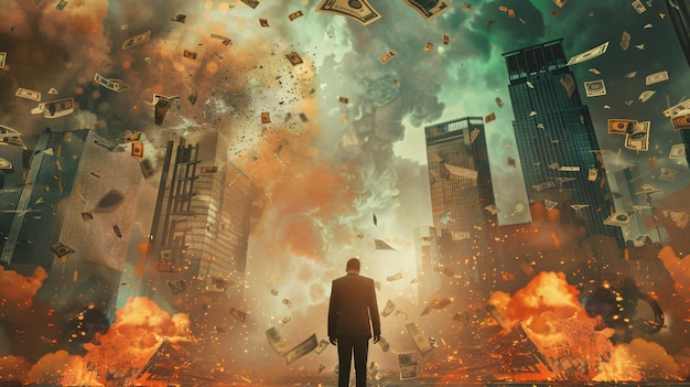 a man stands in front of a burning city and a huge explosion of fire