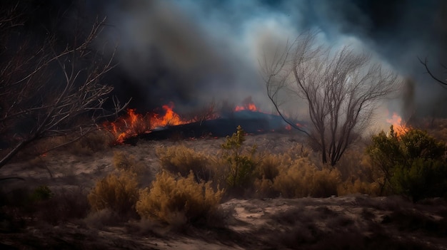 A man stands in front of a burning forest with a fire in the background.