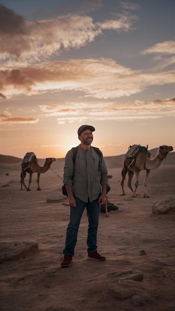 a man stands in front of a camel and the sun is behind him