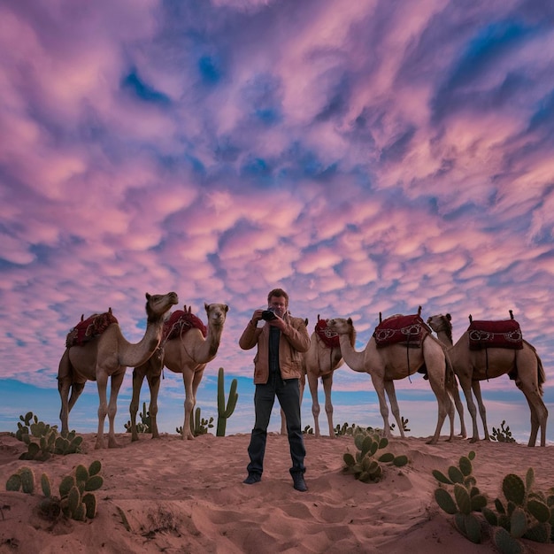 a man stands in front of camels with a sign that says camels on it