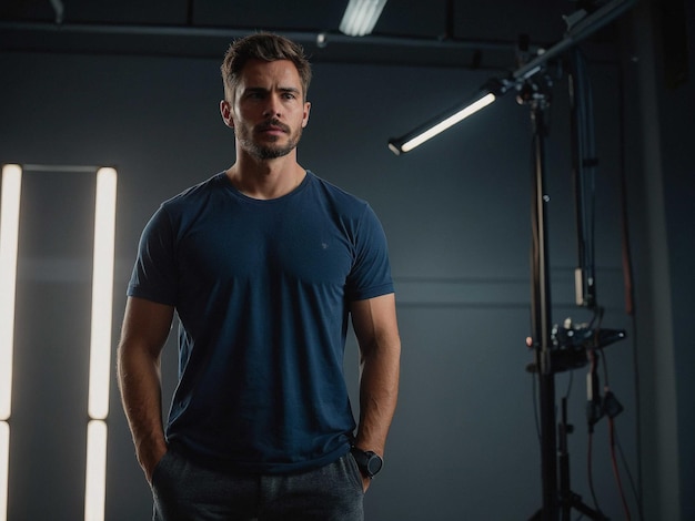 Photo a man stands in front of a camera with a blue shirt on it