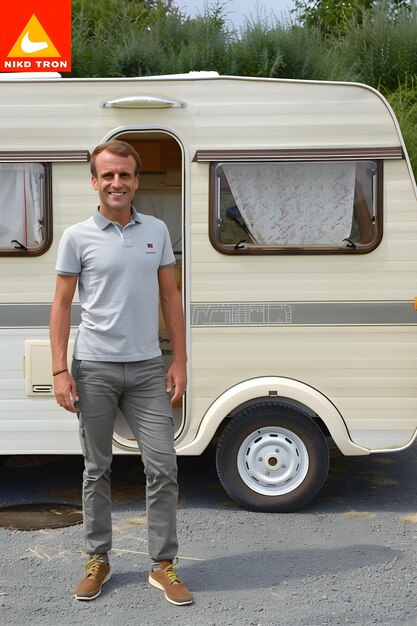 Photo a man stands in front of a camper with a door open