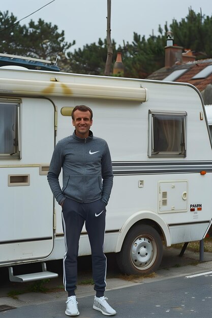 Photo a man stands in front of a camper with a nike logo on his shirt