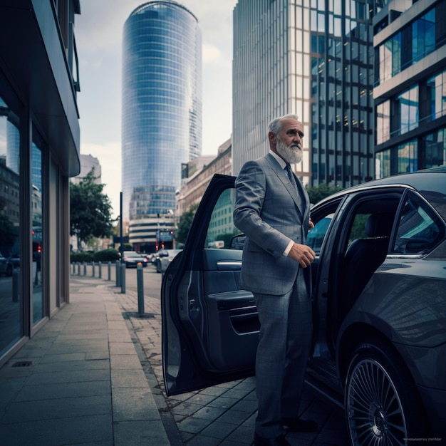 a man stands in front of a car that says the door open