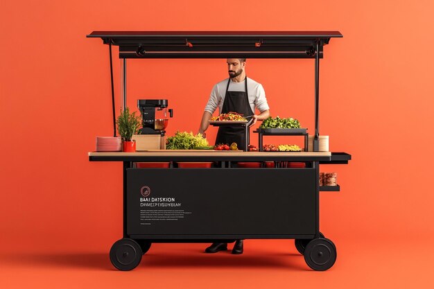 Photo a man stands in front of a cart that says quot garden food quot