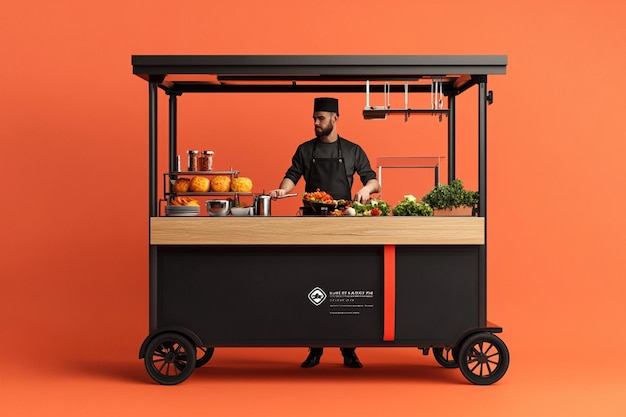 a man stands in front of a cart that says quot sushi quot