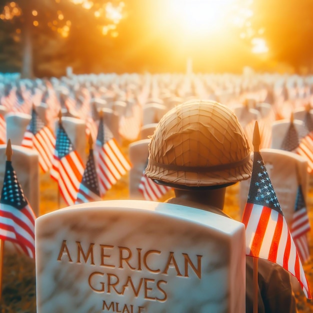 a man stands in front of a cemetery with flags and a sign that says american men grave