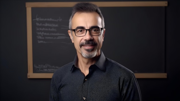 A man stands in front of a chalkboard that says'i'm a teacher '