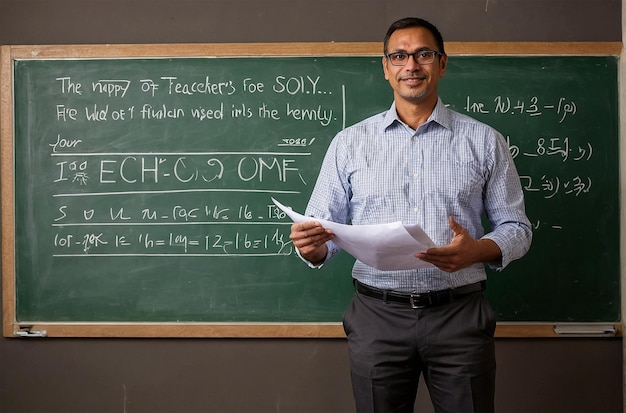 a man stands in front of a chalkboard that says quot teacher quot