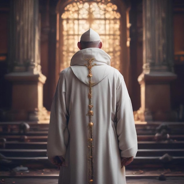 Photo a man stands in front of a church with a cross on the back