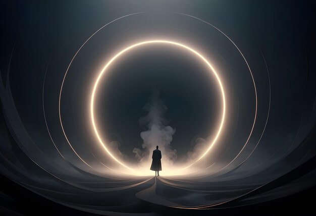 a man stands in front of a circle of a man in a circle of light