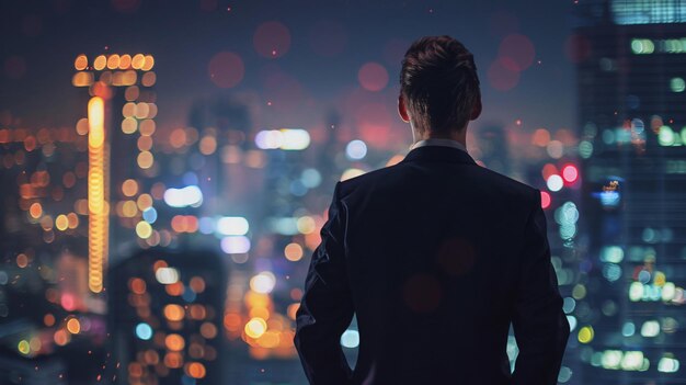 a man stands in front of a cityscape at night