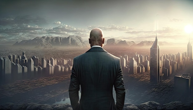 A man stands in front of a cityscape with a city in the background.