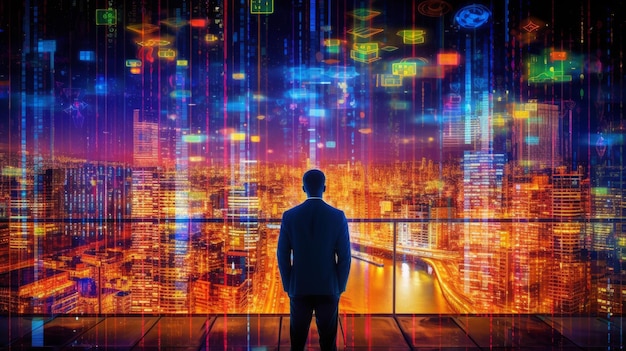 A man stands in front of a cityscape with the words'cyber security'on it.