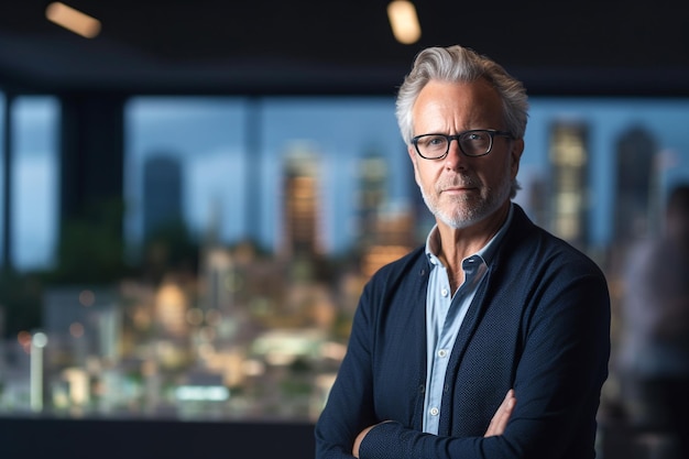 A man stands in front of a cityscape.