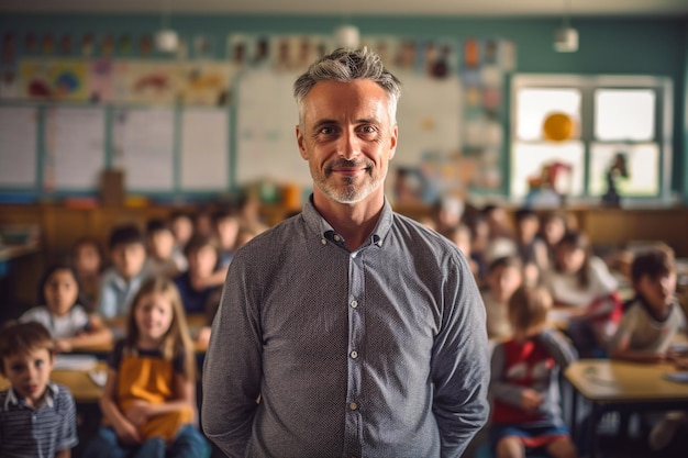 A man stands in front of a classroom full of children.