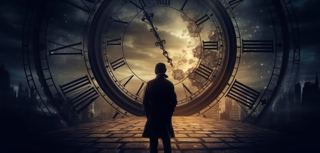 A man stands in front of a clock