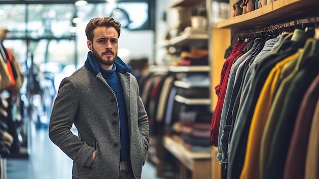 a man stands in front of a closet full of clothes