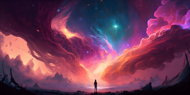 A man stands in front of a colorful sky with the words'the universe'on it