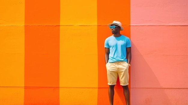 A man stands in front of a colorful wall that says'i love you '