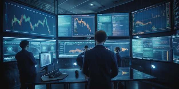 A man stands in front of a computer screen that says'trading'on it.