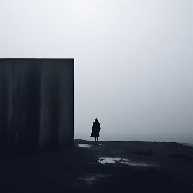 a man stands in front of a concrete wall that says  the person is standing in front of it