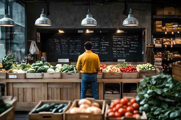 a man stands in front of a counter with vegetables and a chalkboard behind him